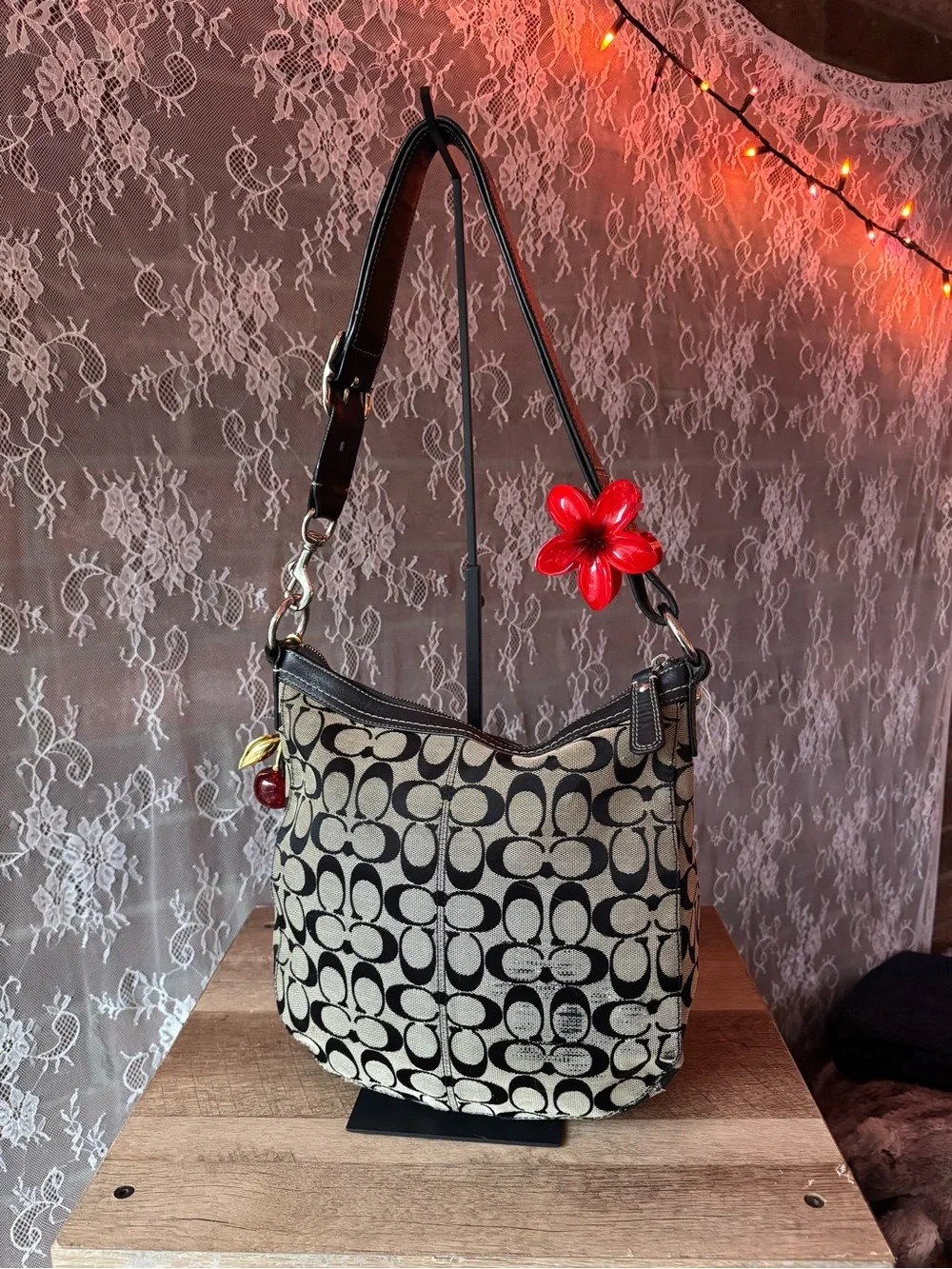 Coach Black and Cream Signature Canvas Shoulder Bag with Cherry Charm